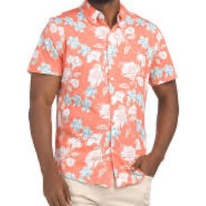 Izod Men's Coral and White Floral Short Sleeve Button Down Shirt